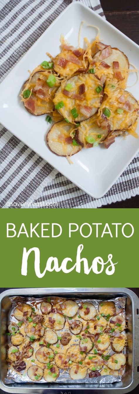 Baked Potato Nachos are a crowd-pleasing appetizer that is perfect for game day! Football season is here, so get ready for your next watch party with this cheesy recipe. We all know football fans go crazy for anything covered in bacon and cheese! Gameday Food Appetizers, Potatoes Dishes, Bacon Appetizer, Ideas For Appetizers, Potato Nachos, Bacon Appetizers, Bacon And Cheese, Appetizers For A Crowd, Crowd Pleasing Appetizers