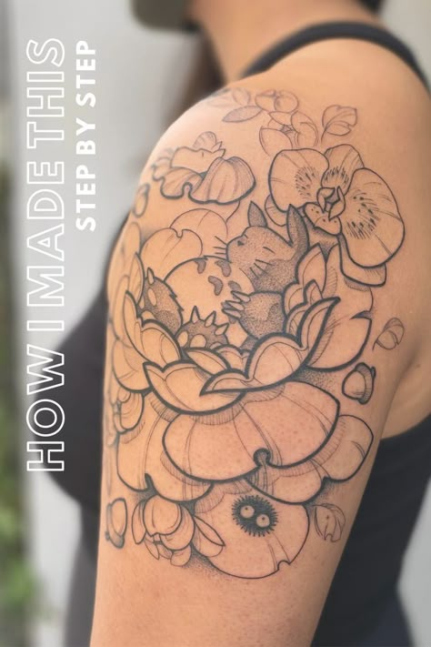 Shows a shoulder with fresh black linework tattoo of Totoro from Studio Ghibli, sleeping in flowers. With black line details and shading. My Neighbor Totoro Tattoo, Totoro Tattoo, Ghibli Tattoos, Studio Ghibli My Neighbor Totoro, Dna Tattoo, Studio Ghibli Tattoo, Ghibli My Neighbor Totoro, Ghibli Tattoo, Mom Tattoo Designs