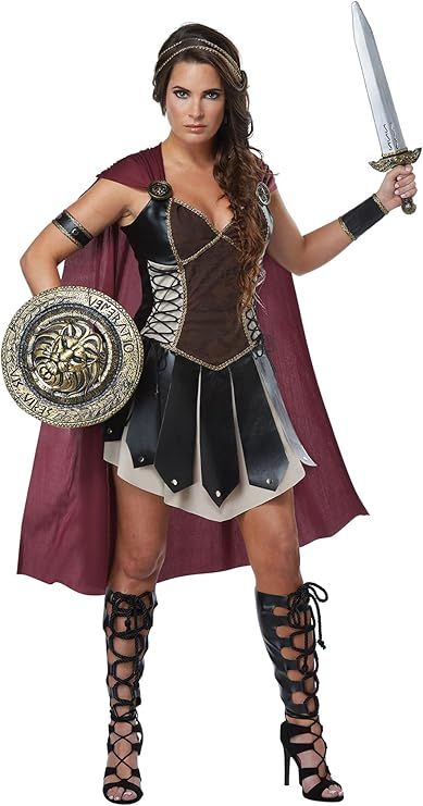 ncludes: Dress With Attached Armor, Cape, Headband, Armband, Cuff, Medallions, Gladiator Shoe Tops Gladiator Halloween, Warrior Princess Costume, Gladiator Costumes, Womens Fancy Dress, Halloween Infantil, Warrior Costume, California Costumes, Greek Warrior, Spartan Warrior