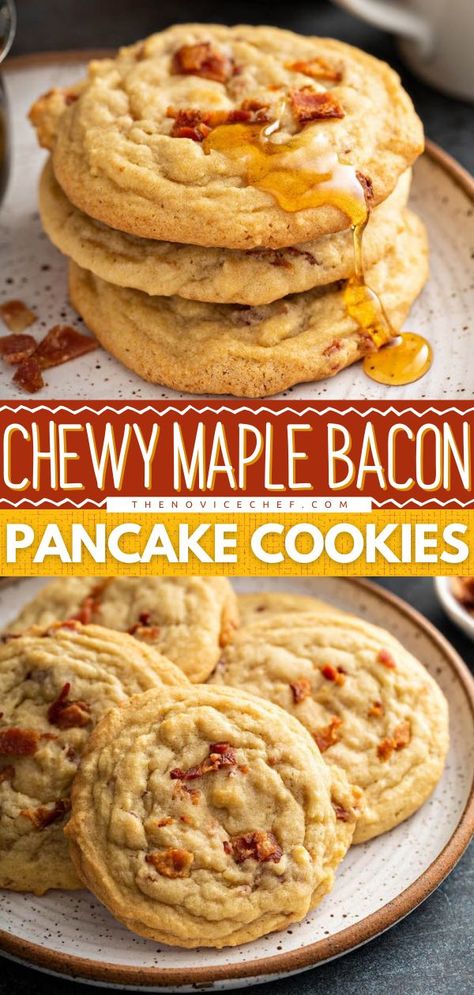 Baking With Bacon, Bacon Desserts Easy, Dessert With Bacon, Bacon Cookies Recipes, Maple Bacon Cookies Recipes, Maple Bacon Desserts, Sweet And Salty Recipes, Maple Bacon Pancake Bites, Sweet Bacon Recipes