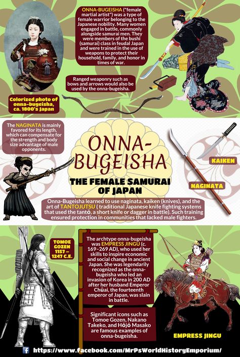 The fierce onna-bugeisha, female warriors of feudal Japan!  #OnnaBugeisha #JapaneseHistory #History #Samurai #MrPsHWE #Infographic #  https://www.facebook.com/MrPsWorldHistoryEmporium/ Samurai History, Onna Bugeisha, Fantasy History, History Of Japan, Japanese Myth, Trening Sztuk Walki, Female Samurai, Female Warriors, World Mythology