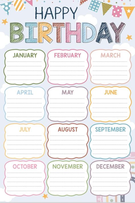 Birthday Calender Ideas For Work, Birthday List Template Free Printable, Birthday Calendar Craft, Happy Birthday Calendar, Birthday Calendar Classroom, Birthday Calendar Template, Birthday Chart Classroom, Family Birthday Calendar, Birthday Chart