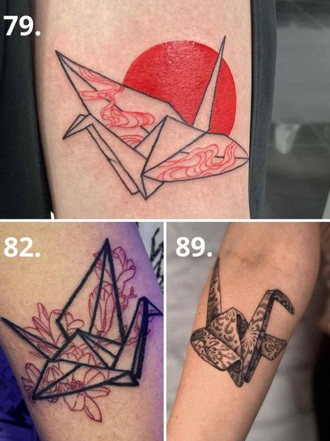 Japanese Origami Tattoo, Origami Tattoo Ideas, Origami Tattoos, Origami Crane Tattoo, Folded Butterfly, Paper Crane Tattoo, Goose Tattoo, Bird Tattoo Meaning, Origami Tattoo