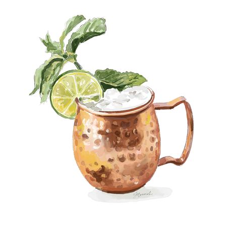 Original digital watercolor painting of a Moscow Mule with mint and lime drawn by Kaitlin Messich. Use for wedding stationery, happy hour invitations, signature cocktail signs, and more! Watercolor Moscow Mule, Moscow Mule Painting, Moscow Mule Tattoo, Cocktail Moscow Mule, Cocktail Watercolor, Watercolor Cocktails, Cocktail Signs, Recipe Graphic, Vodka Tonic