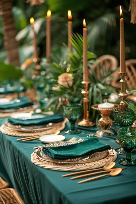 10 Stunning Green Themed Tablescapes For Every Occasion | The Olive Branch Nest Shades Of Green Birthday Theme, Geometric Terrarium Centerpiece, Tropical Table Setting, Themed Tablescapes, Tropical Tablescape, Green Table Settings, Green Tablescape, Tropical Table, Gold Table Setting