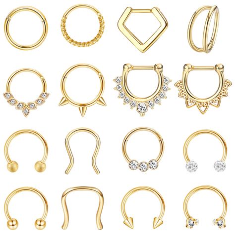 16Pcs Septum Rings 16G Black Septum Jewelry Stainless Steel Daith Earrings Nose Rings Hoop CZ Cartilage Helix Tragus Earrings Septum Clicker Piercing Jewelry Horse Shoe Nose Ring, Septum Piercing Gold, Black Septum, Bijoux Piercing Septum, Septum Gold, Horseshoe Septum, Septum Piercing Jewelry, Daith Piercing Jewelry, Tragus Hoop