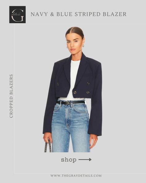 Navy Cropped Blazer, Blue Cropped Blazer Outfit, Dark Blue Blazer Outfits For Women, Dark Blue Blazer Outfit, Navy Blazer Outfit Women, Navy Blue Shirt Outfit, Short Blazer Outfits, Blue Trousers Outfit, Crop Blazer Outfit