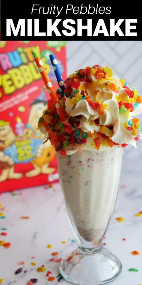 This Fruity Pebbles milkshake is a creamy vanilla ice cream milkshake infused fruity pebbles cereal and drizzled with strawberry syrup then topped with a heaping amount of whipped cream and more Fruity Pebbles as sprinkles. This colorful freak shake is my new favorite milkshake! Ice Cream Milkshake, Creamy Vanilla Ice Cream, Cereal Flavors, Fruity Pebbles Cereal, Pebbles Cereal, Fun Drink Recipe, Milkshake Recipe, Strawberry Syrup, Milkshake Recipes