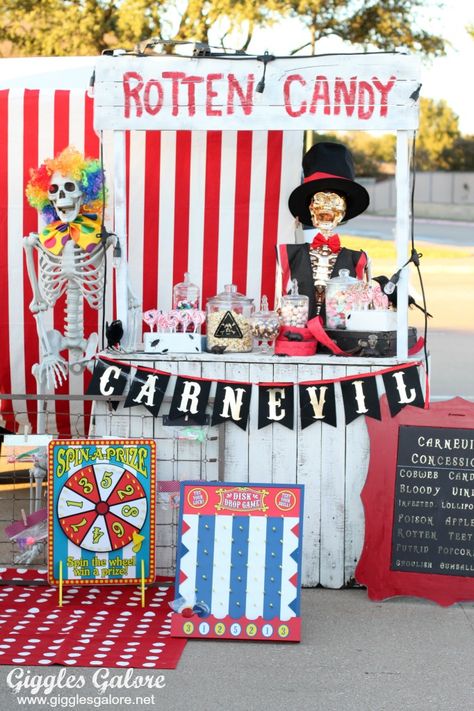 CarnEVIL Trunk or Treat Idea Rotten Candy, Haunted Carnival, Soirée Halloween, Trunk Or Treat Ideas, Halloween Circus, Creepy Carnival, Halloween Decor Diy, Halloween Traditions, Diy Halloween Decor