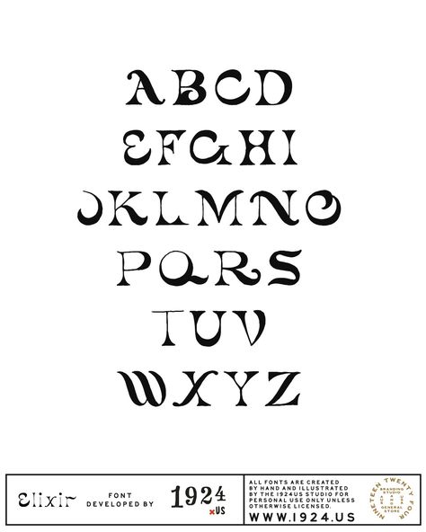 The Elixir font was developed by the 1924 team as an homage to the very, very days of old: back in the medieval times! The font, which showcases a more whimsical (but still quite bold) nuance, is great for personal projects and commercial uses alike. The font is fully functioning and has both sentence and title case av Victorian Font Typography, Sign Fonts Hand Lettering, Witchy Font Alphabet, Nature Fonts Alphabet, Fantasy Fonts Alphabet, Funky Fonts Alphabet, Aesthetic Fonts Handwriting, Tarot Font, Creative Lettering Fonts