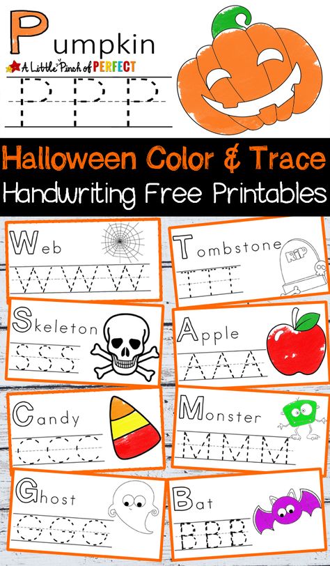 Halloween Handwriting and Coloring Free Printables: Perfect for letter writing practice including favorite Halloween pictures like pumpkins, spiders, ghosts, monsters, and more. (preschool, kindergarten, October) Provocation Table, Mackenzie Marie, Halloween Handwriting, Halloween Abc, Kindergarten October, Letter Writing Practice, Abc Worksheets, October Activities, Halloween Kindergarten