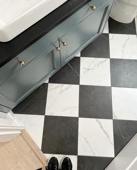 Who is a fan of the classic checkered floor? 🙋‍♀️ #havesomefun #interiors #checkeredfloor Checkered Powder Room, Black And White Checkered Floor Powder Room, Black And White Powder Room Floor, Black And Blue Powder Room, Checkboard Floor Bathroom, Powder Room Checkered Floor, Fun Laundry Room Design, Black And White Tile Powder Room, Check Bathroom Floor