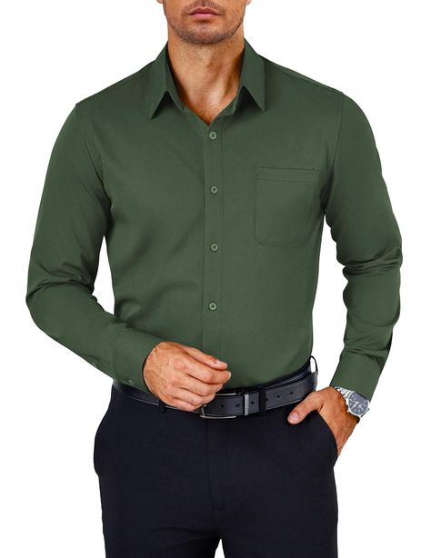 PRICES MAY VARY. WRINKLE-FREE FABRIC: Our mens dress shirts are made of premium fabric that is silky, soft, breathable, lightweight, wrinkle-resistant. No more frequent ironing required, so you can focus on your work CLASSIC DESIGN: This wrinkle free dress shirt is featured with spread collar, long sleeves, slim fit, button closure, adjustable cuff, chest pocket, giving you a crisp neat look. Designed for the modern man, this shirt combines style, comfort, and practicality, making it a must-have Green Dress Shirt Men Outfits, Green Shirt Men, Fits For Guys, Business Dress Shirts, Shirt Wrinkles, Shirt Outfit Men, Sisters Wedding, Mens Dress Shirts, Free Dress