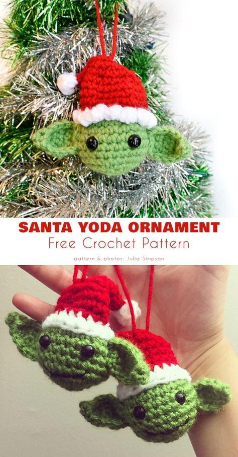 Baby Yoda Christmas Ornament Free Crochet Patterns Crochet Patterns That Work Up Fast, Yoda Ornament, Yoda Christmas, Star Wars Crochet, Crochet Christmas Ornaments Free, Crochet Ornament Patterns, Christmas Crochet Patterns Free, Crochet Christmas Gifts, Christmas Gift Basket Ideas