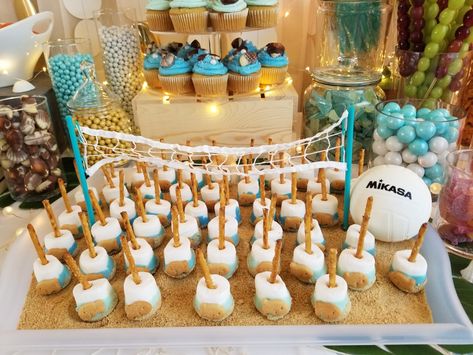 Volleyball Food Table Ideas, Volleyball Party Food Ideas, Volleyball Birthday Party Ideas Decoration, Beach Volleyball Birthday Party Ideas, Volleyball Themed Party, Beach Volleyball Party Decorations, Sand Dessert, Ocean Party Decorations, Volleyball Birthday Party