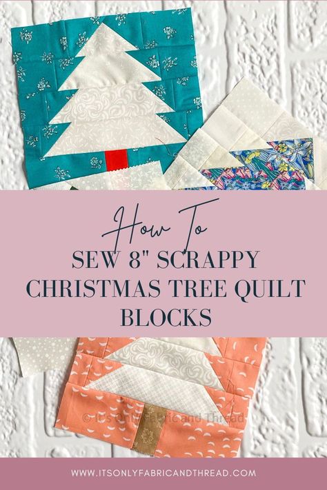 Use this 8″ Christmas Tree quilt block pattern to sew a forest of easy 8″ patchwork trees. The angled ends of the tree branches are simple to sew using a snowballed quilt corner method, which I will walk you through below. The tree is illustrated with a light background, but any colored fabric will work. Make your trees and background realistic or choose something entirely whimsical and scrappy! Tree Quilt Block Pattern, Christmas Tree Quilt Block Patterns, Christmas Tree Quilt Pattern, Christmas Tree Quilt Block, Modern Christmas Quilt, Tree Quilt Block, Scrappy Patchwork, Tree Quilt Pattern, Quilt Corners