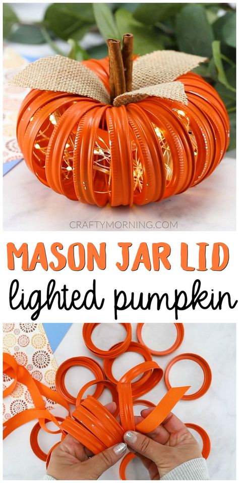 Mason Jar Lid Lighted Pumpkins- cute fall craft to make! Halloween DIY project. Cute mason jar lid rings craft. Cute fall decor for your home. #masonjarcrafts #lightedcrafts #pumpkincrafts #pumpkindecor #fallcraft #fall #falldecor #diy #diycrafts #craftymorning Lighted Pumpkins, Canning Ring Pumpkin, Mason Jar Lids Crafts, Lid Crafts, Jar Lid Crafts, Rings Craft, Mason Jar Pumpkin, Cute Fall Decor, Craft To Make