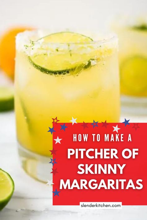 Get ready for the 4th of July with this Skinny Margarita recipe. Make a single glass or learn how to make a pitcher of skinny margaritas to serve up a crowd. Easy, refreshing, light and a kick of tequila in each sip. Homemade Margaritas Pitcher, Strawberry Margarita Recipe On The Rocks Pitcher, Fresh Margarita Recipe Pitcher, Light Margarita Recipe, Margarita Recipes Pitcher, Batch Margaritas, Strawberry Margarita Recipe On The Rocks, Margarita Pitcher Recipe, Margaritas For A Crowd