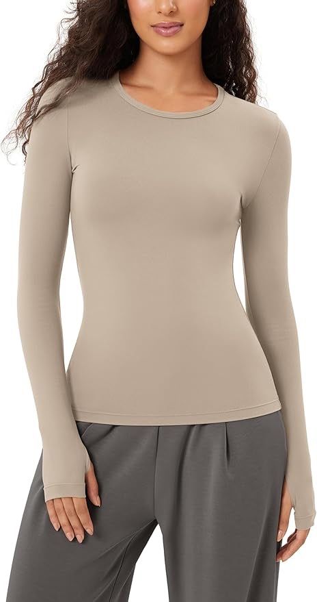 Amazon.com: ODODOS Cloud Feeling Long Sleeve Shirts with Thumb Hole for Women Crew Neck Yoga Tee Workout Tops, Beige, X-Small : Clothing, Shoes & Jewelry Neck Yoga, Yoga Tees, Thumb Holes, Workout Tops, Workout Shirts, Shoes Jewelry, Long Sleeve Tops, Long Sleeve Shirts, Shoe Jewelry