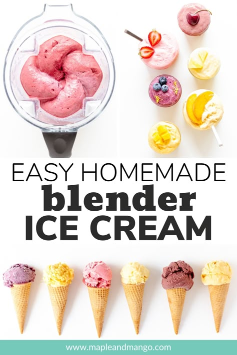 Learn how easy it is to make blender ice cream! With three simple ingredients and a high-speed blender like a Vitamix, you can whip up some delicious homemade ice cream in under a minute! No ice cream maker needed and made from all natural ingredients. Includes a simple base recipe and 6 amazing flavors to try! | www.mapleandmango.com Vitamix Ice Cream Recipes, Vitamix Healthy Recipes, Vitamix Blender Recipes, Vitamix Ice Cream, Bariatric Desserts, Blender Ice Cream, Making Ice Cream, Ice Cream Tubs, Vitamix Blender