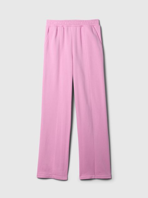 Soft fleece knit wide-leg sweatpants.  Elasticized waist.  Front slant pockets.  Seam at front.  Mid rise.  Straight silhouette with a relaxed fit.  Wide leg.  Models wearing Gap Pink Wide Leg Sweatpants, Straight Sweatpants, Pink Sweatpants, Wide Leg Sweatpants, Vintage Soft, New Woman, Baby Toddler, Mid Rise, Gap