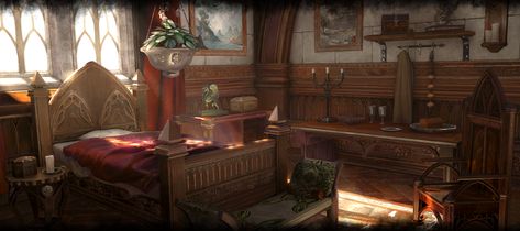 Golden Gryphon Garret housing loading screen (ESO) Skyrim Concept Art, Fantasy Inn, Medieval Bedroom, Elder Scrolls Art, Anime Places, Loading Screen, Hobbit House, The Elder Scrolls, Dnd Art