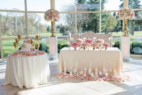 sweetheart table design, pink and gold sweetheart table, pink and white wedding cake, from pastel pink vintage chic Newton White Mansion Maryland Wedding Gold Sweetheart Table, Vintage Sweetheart Table, Pink And White Wedding Cake, Sweetheart Table Ideas, Vintage Wedding Cake Table, Main Table Wedding, White Mansion, Pink And White Wedding, Vintage Wedding Cake