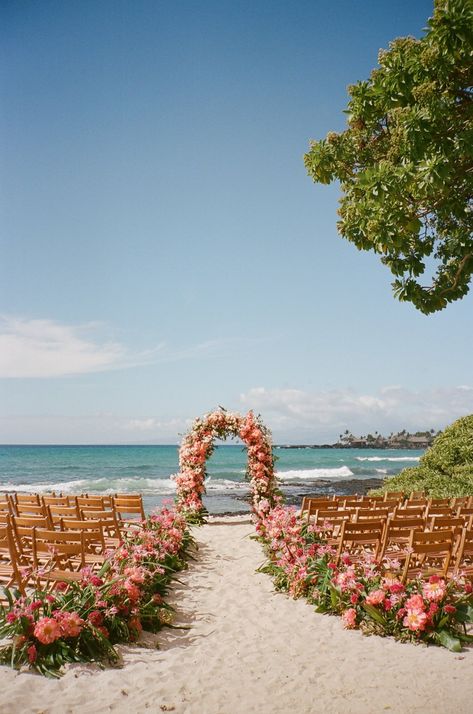 Hannah + David | Wedding Event Floral Design | Katie Wachowiak Beach Wedding Colorful, Floral Beach Wedding, Flower Beach Wedding, Colorful Beach Wedding, Pink Beach Wedding, Beach Wedding Pink, Beach Wedding Bridesmaids, Beach Wedding Colors, Pink Wedding Inspiration