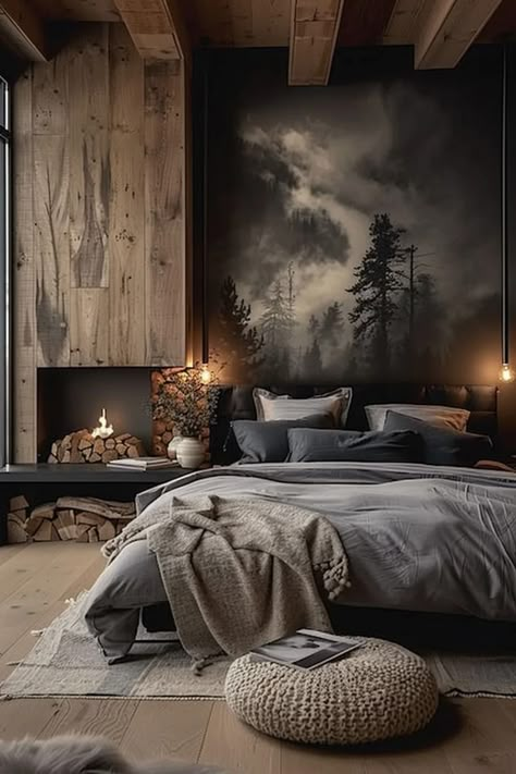 Bedroom Dark Headboard, Dark Moody Bedroom, Wall Panel Designs, Room Ideas For Men Bedroom, Industrial Style Bedroom, Apartment Ideas Aesthetic, Japandi Bedroom, Bedroom Dark, Moody Bedroom