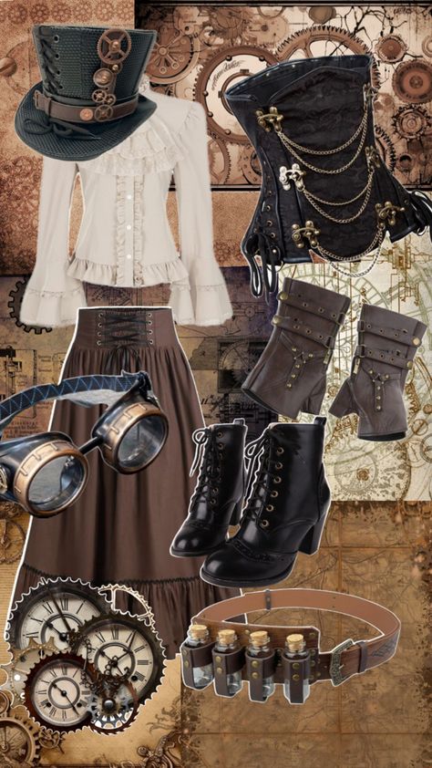 #steampunk #aesthetic #cute #collage #outfit Scarecrow Inspired Outfit, Steampunk Fashion Accessories, Steampunk Fashion Aesthetic, Easy Steampunk Costume Diy, Steampunk Goth Outfits, Casual Steampunk Outfits, Steampunk Aesthetic Outfit, Steampunk Fashion Art, Steampunk Oc