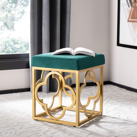 PRICES MAY VARY. This glamorous ottoman has a timeless style that works beautifully in any living room or bedroom Moroccan inspired gold metal legs provide a sturdy foundation Plush emerald green velvet with a gold Moroccan quatrefoil design adds a Hollywood Glam touch Ottoman measures 16. 5" wide x 16. 5" deep x 19" high Safavieh has been a trusted brand in home furnishings for over 100 years, providing quality craftsmanship and unmatched style Square Ottoman, Ottoman In Living Room, Furniture Outlet Stores, Upholstered Seating, Accent Furniture, Quality Furniture, Master Suite, Color Scheme, Online Furniture