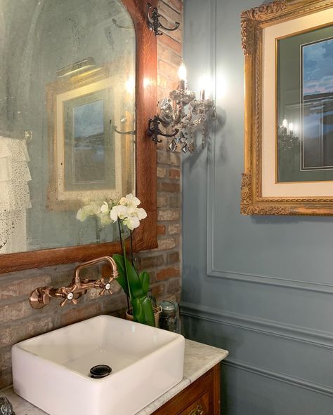 Stills of the powder room ❤️ . What’s your favorite part? . I still don’t know if my favorite part is the hall tree turned vanity mirror or the custom art in an antique frame. . Or the $40 dresser we turned into a vanity 🤷‍♀️ . Comment “powder room” for sources ❤️ Historical Bathroom Ideas, Historic Home Bathroom Remodel, Old World Bathroom Ideas, Spare Bathroom Ideas, Small Victorian Bathroom, Bathroom Stone Wall, Old World Bathroom, Stone Bathrooms, Historic Bathroom