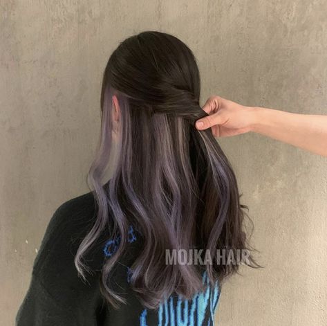 Platinum Black Balayage, Black Korean Hair, Peekaboo Highlights For Dark Hair, Peek A Boo Highlights, Two Color Hair, Hidden Hair Color, Korean Hair Color, Hair Color Underneath, Peekaboo Hair