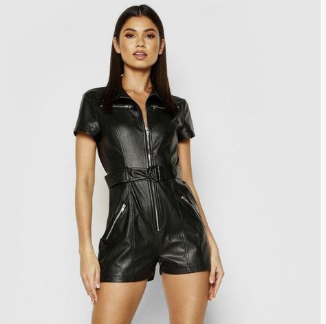 Leather Playsuit, Leather Romper, Bodycon Romper, Rompers Dressy, Pantyhose Fashion, Leather Short, Shiny Clothes, Safari Style, Womens Playsuits