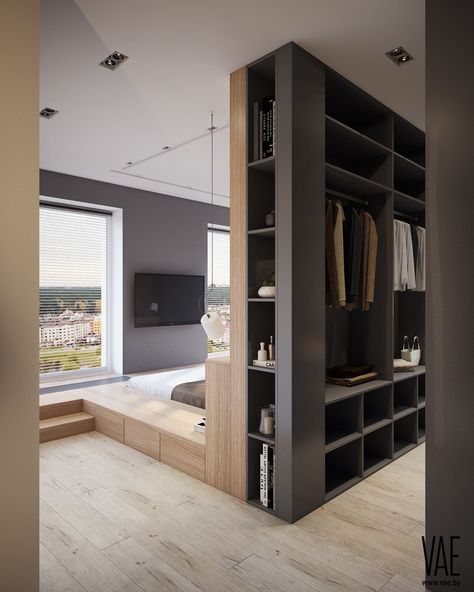 Why a floating bed in the middle can be the solution for your bedroom Wardrobe Behind Bed, Bilik Tidur Kecil, Closet Behind Bed, Bedroom Divider, Reka Bentuk Bilik Tidur, Små Rum Lidt Plads, Hiasan Dalaman Rumah, Design Ložnic, Hiasan Bilik Tidur