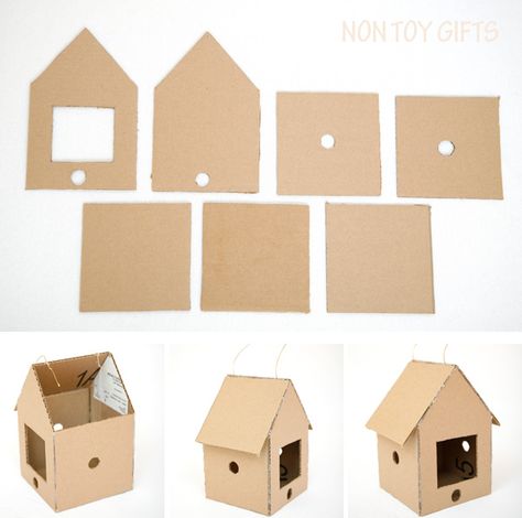 This DIY bird feeder is a fun spring or summer craft to make with kids. You only need a cardboard box, a hot glue gun, two sticks, peanut butter and seeds. | at Non Toy Gifts Cardboard Bird Feeder, Diy Bird House For Kids, How To Make A Bird House, Bird House Craft For Kids, Diy With Cardboard Boxes, Cardboard Bird House, Bird House Craft, Bird House Diy, House For Birds