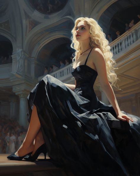 Sitting Poses Low Angle, Full Body Paintings Female Art, Black Hair Character Art, White Haired Girl Art, White Hair Girl Art, Blonde Girl Art, Black Dress Blonde Hair, Curly Hair Art, White Curly Hair