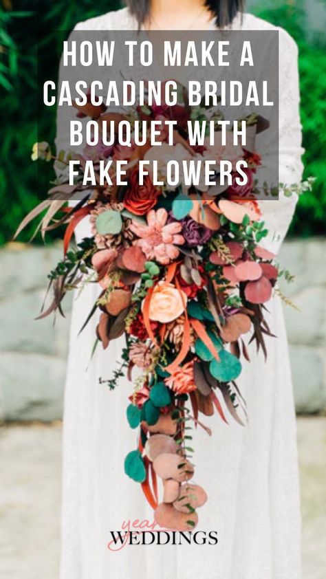 How To Make a Cascading Bridal Bouquet With Fake Flowers Fake Flower Bouquet Wedding, Diy Wedding Bouquet Fake Flowers, Diy Fall Wedding Bouquets, Wedding Bouquet Fake Flowers, Diy Flower Arrangements Wedding, Fake Flowers Diy, Diy Wedding Flowers Bouquet, Artificial Flower Wedding Bouquets, Fake Wedding Flowers