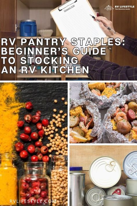 Rv Food Storage Ideas, Reusable Grocery List, Rv Pantry, Rv Recipes, Campfire Snacks, Pantry List, Camper Kitchen, Camper Storage, Rv Kitchen