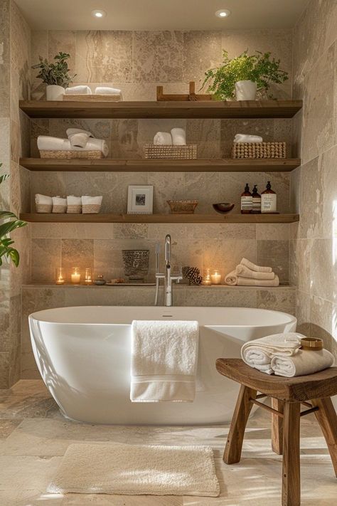 Cottage Spa Bathroom, Day Spa Bathroom Ideas, Relaxing Small Bathroom Ideas, Spa Like Home Interior Design, Spa Feeling Bathroom, Light Colored Bathrooms, Earthy Bathroom Design, Luxury Spa Bathroom Ideas, Earthy Spa Bathroom