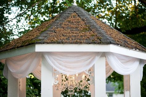 We love this combination of chandelier and draping on the garden gazebo. It is a simple and elegant backdrop for your garden wedding at CJ's Off the Square. Gazebo Drapes, Gazebo Wedding Decorations, Southern Style Wedding, White Gazebo, Gazebo Decorations, Outdoor Gazebo, Romantic Outdoor Wedding, Gazebo Wedding, Garden Wedding Venue