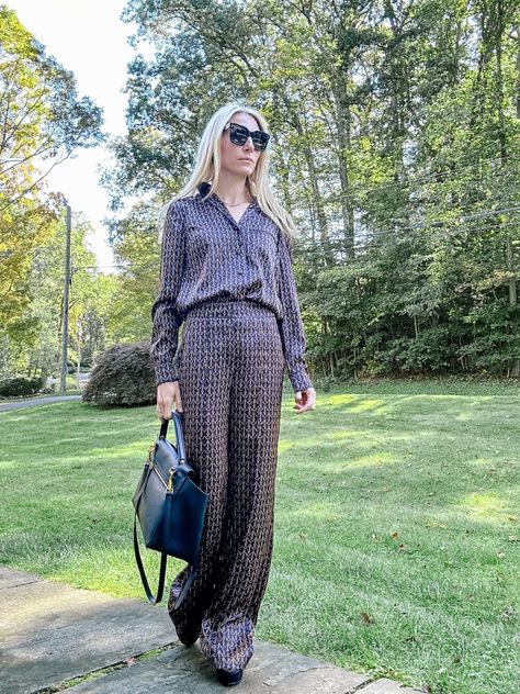 How to Wear Pajamas in Public and Look Chic – Closetful of Clothes Pajama Day Work Outfit, Pajamas As Daywear, Silk Pijama Street Style, Wearing Pajamas In Public, Pajamas In Public, Versatile Pull-on Loungewear Pants, Silky Pajamas, Pajama Day, Hot Mess