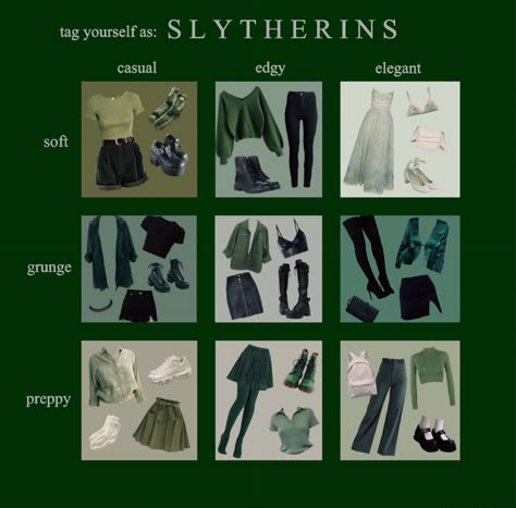 Types Of Slytherin Outfits, Slytherin Capsule Wardrobe, Slithering Aesthetic Clothes, Harry Potter Themed Outfits Slytherin, How To Dress Like A Slytherin, Harry Potter Outfit Slytherin, Hogwarts Shifting Clothes, Slytherin Inspired Outfits Aesthetic, Dark Academia Slytherin Outfit