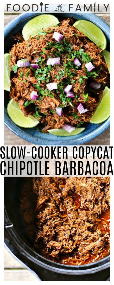 Use your crockpot to make Slow-Cooker Copycat Chipotle Barbacoa {Mexican Barbecue Shredded Beef} Garlicky, tender, shredded beef braised low and slow in a spicy, smoky, flavourful barbecue sauce for flavourful, versatile meals! Copycat Chipotle Barbacoa, Chipotle Barbacoa Recipe, Chipotle Barbacoa, Beef Barbacoa Slow Cooker, Beef Braised, Chipotle Copycat Recipes, Chipotle Recipes, Copycat Chipotle, Barbacoa Recipe