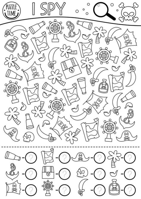 Pirate black and white I spy game for kids. Searching and counting activity with pirate accessories and symbols. Treasure island hunt coloring page. Simple sea adventure spotting worksheet Pirate Color By Number, Puzzle Activity For Kids, Pirate Activities For Kids, Pirate Games For Kids, Pirate Worksheets, Pirates Activities, Pirate Activity, Pirate Words, Fun Printables For Kids