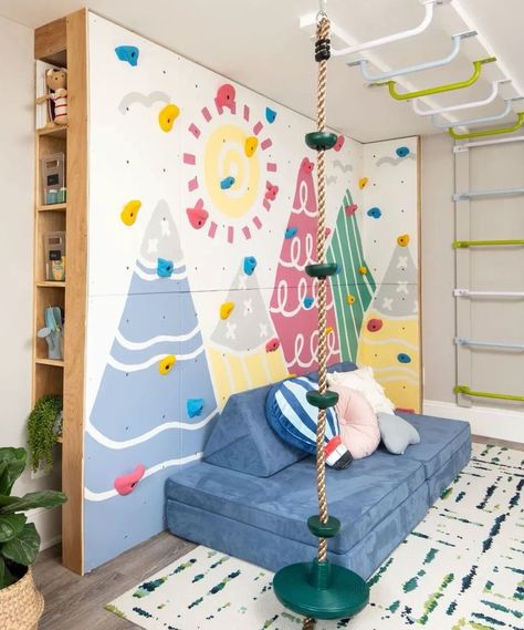 Home Gym Wall Mural, Climbing Wall Kids, Indoor Climbing Wall, Indoor Playroom, Diy Playroom, Basement Playroom, Kids Climbing, Toddler Playroom, Rock Climbing Wall