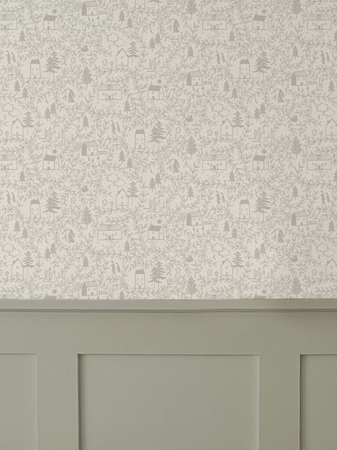 Cottages in the Woods Luxury Wallpaper is an intricate lineal hand illustrated design featuring whimsical cosy cottages surrounded by leafy foliage. Pairs beautifully with wall panelling. It also works as pretty cupboard or draw lining. • Printed to order in the UK on coated, non-woven traditional parchment wallpaper with a matte finish.• We recommend ordering a sample to check colours as they can vary on screens.• Please see below for more details and information on how to hang and care for you Fun Boy Wallpaper, Nursery Woodland Wallpaper, Half Panel Half Wallpaper Nursery, Cottage Wall Panelling, Wood And Wallpaper Accent Wall, Nursery In Small Bedroom, Nursery Accent Wall Wallpaper, Kids Room Wall Panelling, Nursery Panelling And Wallpaper