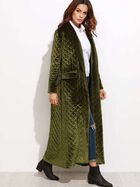 long line velvet coat Velvet Coat Women, Girls Long Coat, Long White Coat, Long Green Coat, Green Shawl, Long Quilted Coat, Quilted Velvet, Velvet Dress Designs, Coat White