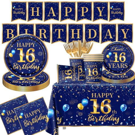 PRICES MAY VARY. 💙【16TH TABLEWARE】You will get a set of navy blue and gold birthday party dinnerware set (serves for 20 guests) include 20pcs 16th birthday plates,20pcs 7inch cheer to 16 years dessert plates,20pcs 9oz cups,20pcs knives forks,40pcs 6.5x6.5inch napkins,3pcs 70.8x42.5inch plastic tablecloth and 1pc happy 16th birthday banner.It will be the highlight in birthday party for men. 💙【MATERIAL】Men 16th birthday disposable party tableware is made of high quality thick paper, safe and dur 80th Birthday Theme, Navy Blue And Gold Birthday, 65 Birthday Decorations, Blue And Gold Birthday, 90th Birthday Decorations, Birthday Plates, Gold Birthday Party Decorations, Happy 65 Birthday, 80th Birthday Decorations