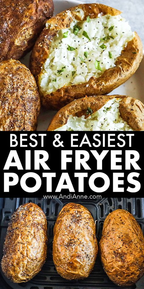 Air fryer baked potatoes are cooked easily using russet potatoes in your air fryer. The potatoes are drizzled with olive oil and seasoned with salt and pepper. They’re cooked in the air fryer for about 35 minutes. The results are crispy skin outside with a tender fluffy inside. Air Fry Bake Potatoes, Baked Russet Potatoes In Air Fryer, Cook Russet Potatoes, Small Baked Potatoes In Air Fryer, Air Fryer Whole Potatoes, Baked Potatoes In Airfryer, Airfare Potatoes, Oven Air Fryer Potatoes, Whole Potatoes In Air Fryer